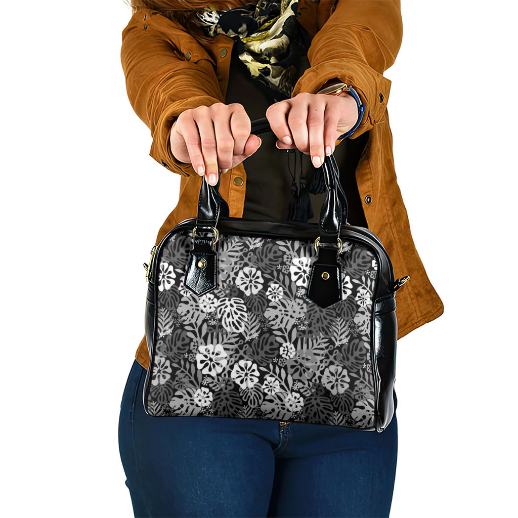 Black Aloha Hawaiian Shoulder Handbag Monstera Hibiscus Tropical Pattern