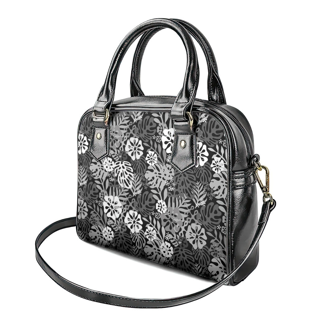 Black Aloha Hawaiian Shoulder Handbag Monstera Hibiscus Tropical Pattern
