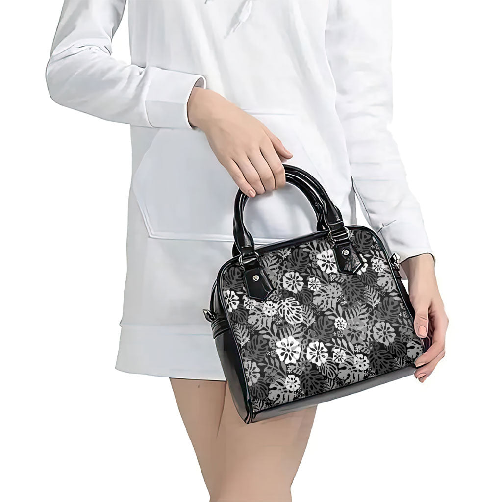 Black Aloha Hawaiian Shoulder Handbag Monstera Hibiscus Tropical Pattern