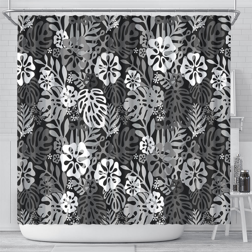 Black Aloha Hawaiian Shower Curtain Monstera Hibiscus Tropical Pattern