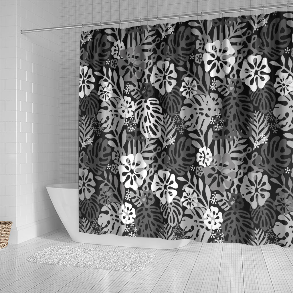 Black Aloha Hawaiian Shower Curtain Monstera Hibiscus Tropical Pattern