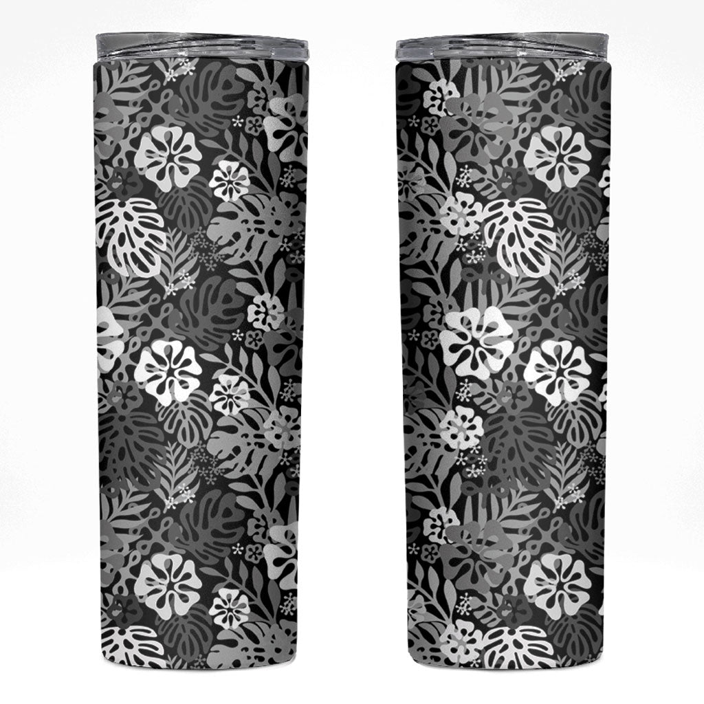 Black Aloha Hawaiian Skinny Tumbler Monstera Hibiscus Tropical Pattern