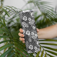 Black Aloha Hawaiian Skinny Tumbler Monstera Hibiscus Tropical Pattern