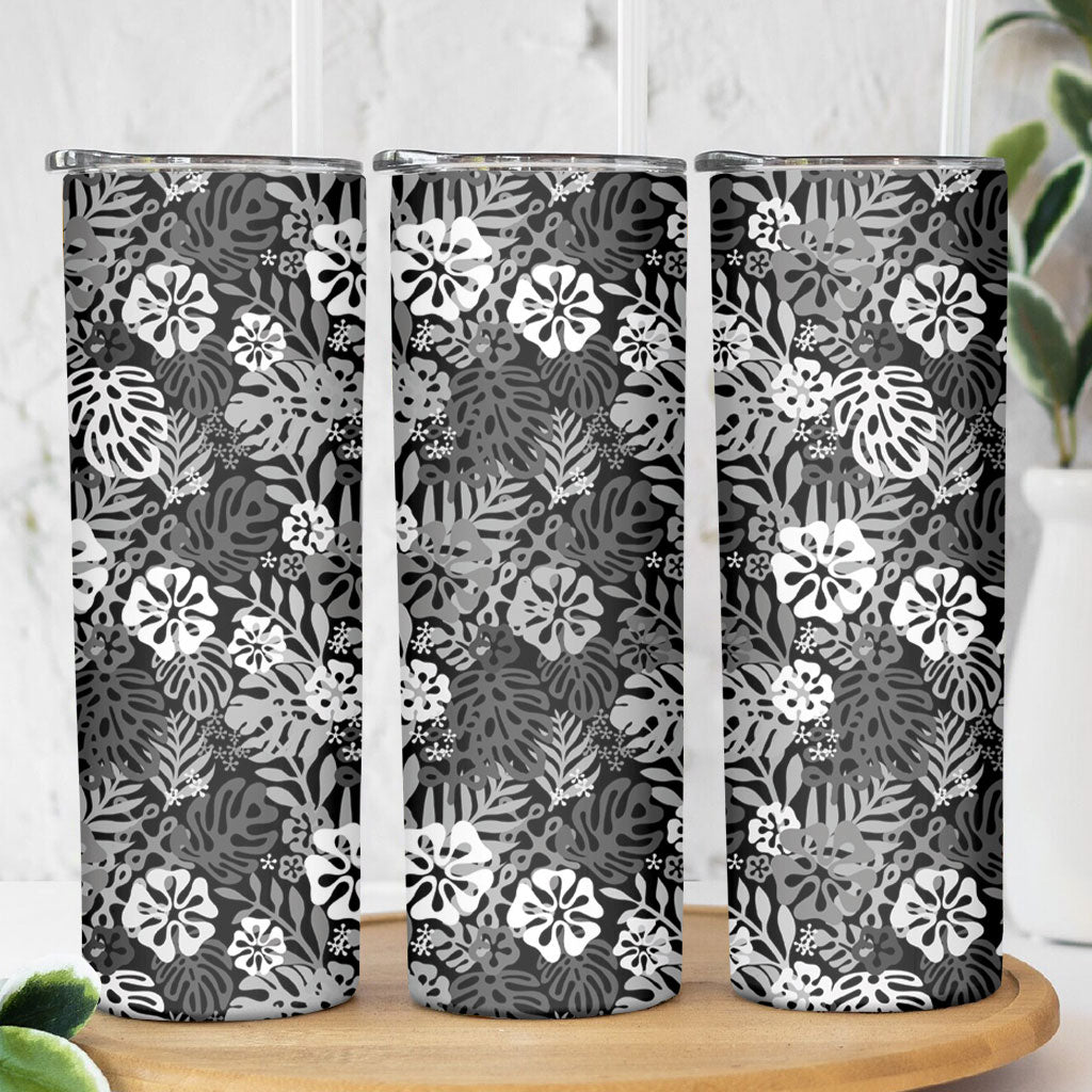 Black Aloha Hawaiian Skinny Tumbler Monstera Hibiscus Tropical Pattern