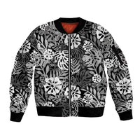 Black Aloha Hawaiian Sleeve Zip Bomber Jacket Monstera Hibiscus Tropical Pattern