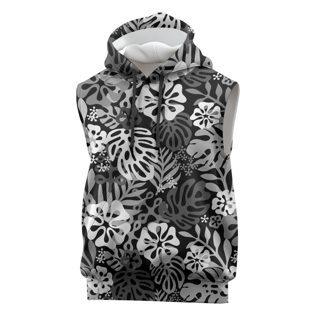 Black Aloha Hawaiian Sleeveless Hoodie Monstera Hibiscus Tropical Pattern