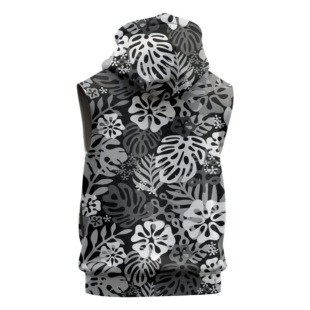 Black Aloha Hawaiian Sleeveless Hoodie Monstera Hibiscus Tropical Pattern