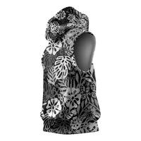 Black Aloha Hawaiian Sleeveless Hoodie Monstera Hibiscus Tropical Pattern