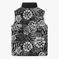 Black Aloha Hawaiian Sleeveless Puffer Jacket Monstera Hibiscus Tropical Pattern