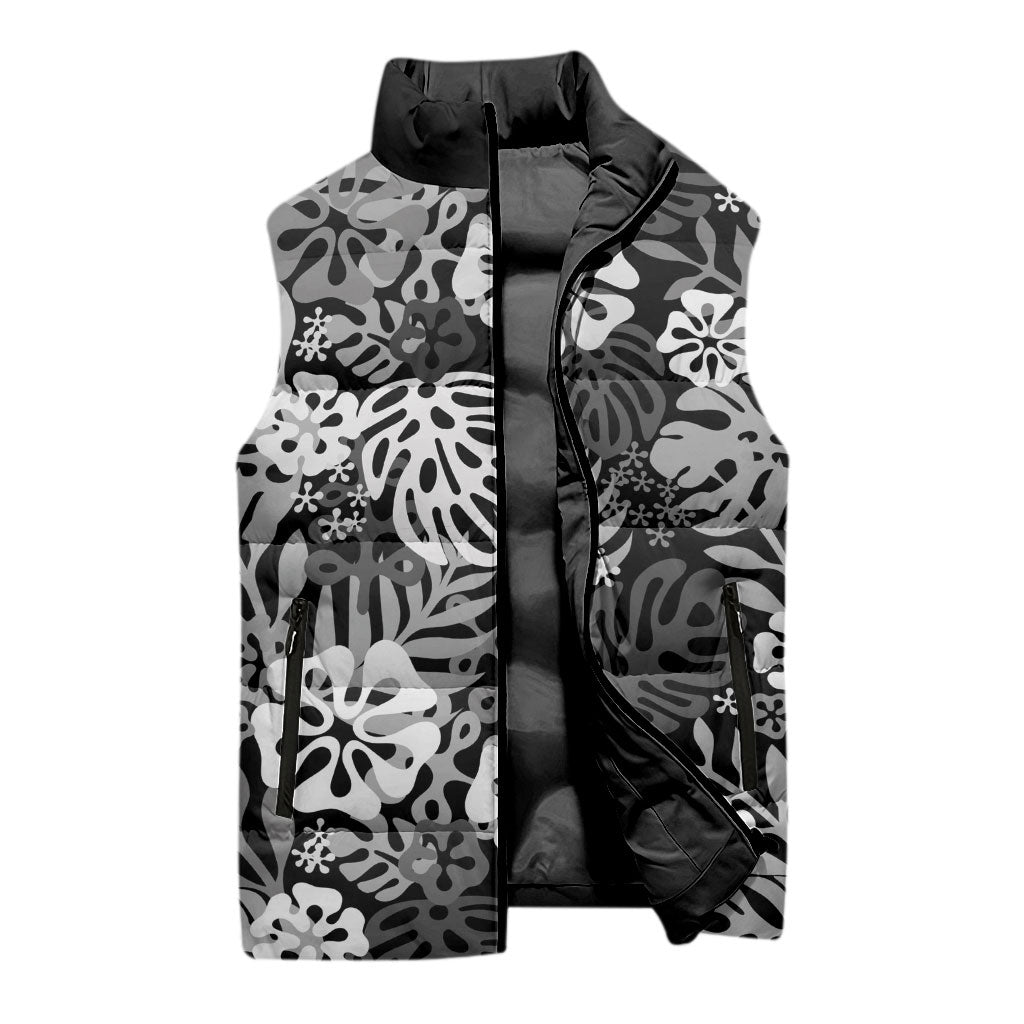 Black Aloha Hawaiian Sleeveless Puffer Jacket Monstera Hibiscus Tropical Pattern