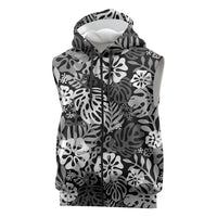 Black Aloha Hawaiian Sleeveless Zip Hoodie Monstera Hibiscus Tropical Pattern