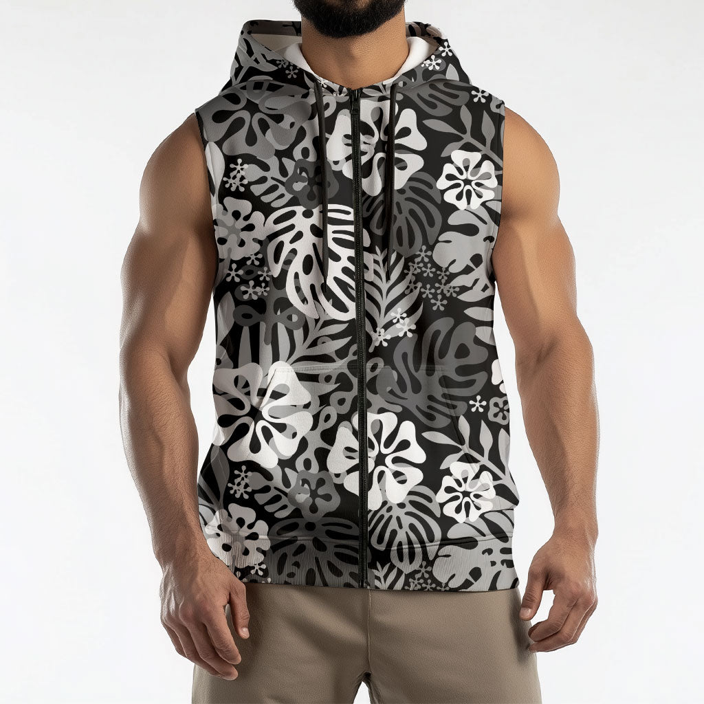 Black Aloha Hawaiian Sleeveless Zip Hoodie Monstera Hibiscus Tropical Pattern