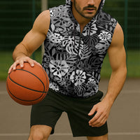 Black Aloha Hawaiian Sleeveless Zip Hoodie Monstera Hibiscus Tropical Pattern
