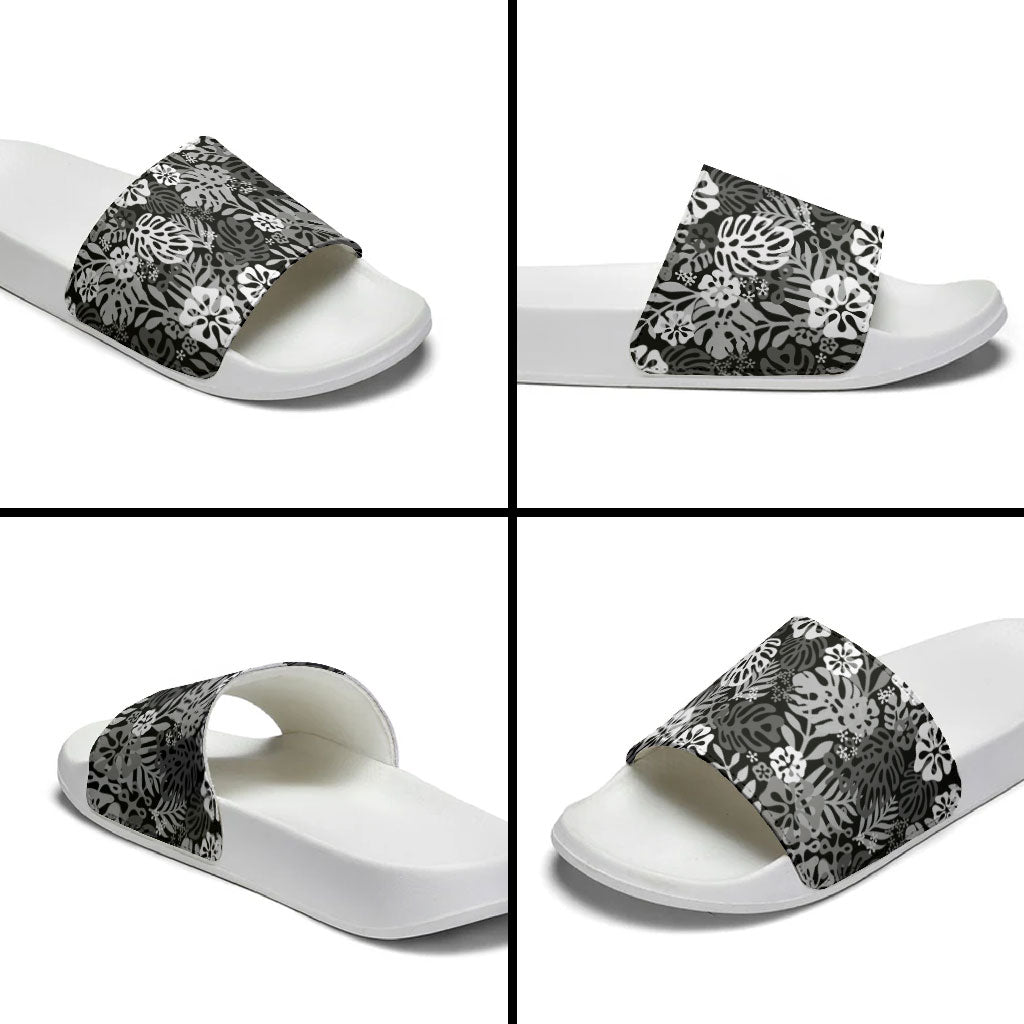 Black Aloha Hawaiian Slide Sandals Monstera Hibiscus Tropical Pattern