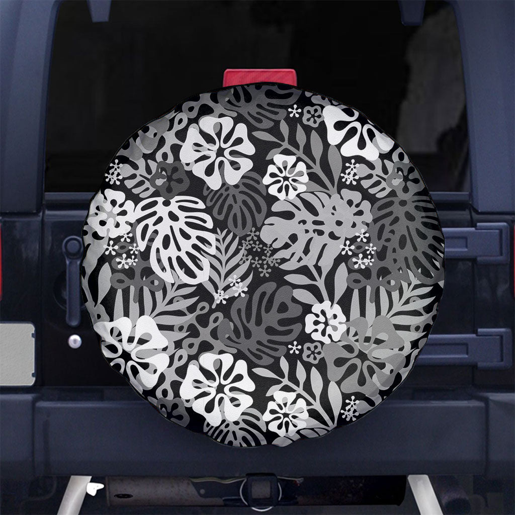 Black Aloha Hawaiian Spare Tire Cover Monstera Hibiscus Tropical Pattern