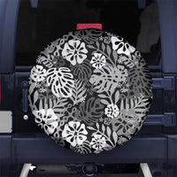 Black Aloha Hawaiian Spare Tire Cover Monstera Hibiscus Tropical Pattern