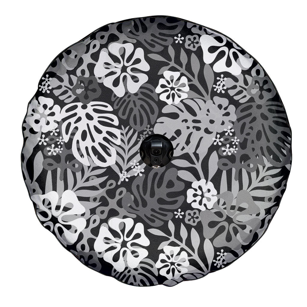Black Aloha Hawaiian Spare Tire Cover Monstera Hibiscus Tropical Pattern