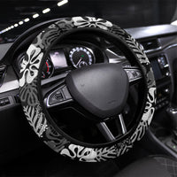 Black Aloha Hawaiian Steering Wheel Cover Monstera Hibiscus Tropical Pattern