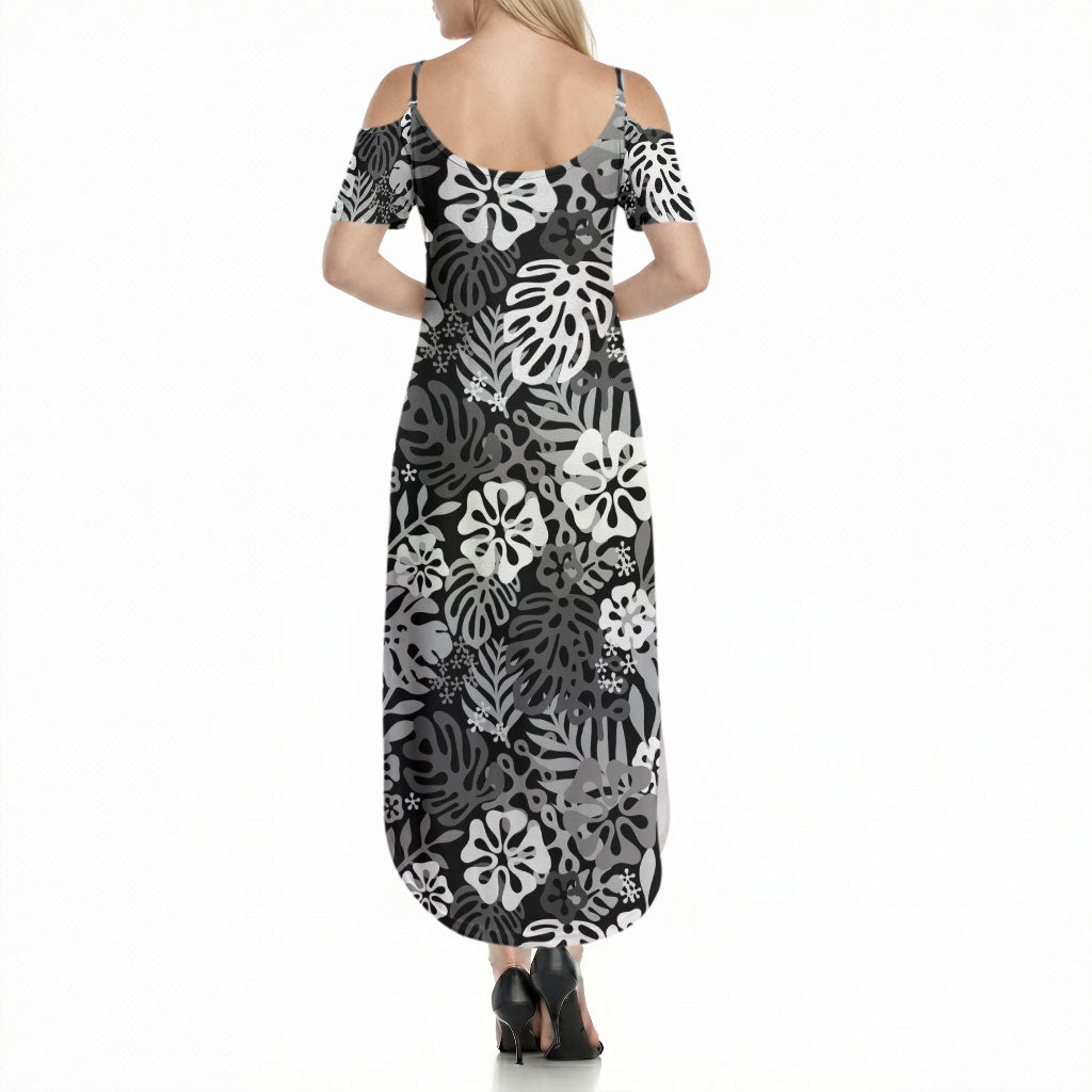 Black Aloha Hawaiian Summer Maxi Dress Monstera Hibiscus Tropical Pattern