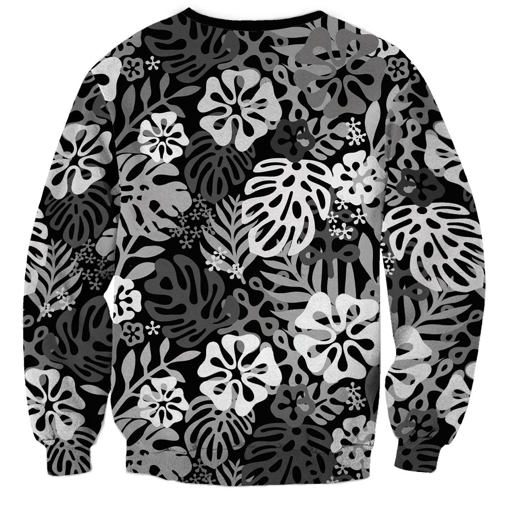 Black Aloha Hawaiian Sweatshirt Monstera Hibiscus Tropical Pattern
