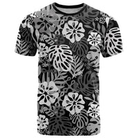 Black Aloha Hawaiian T Shirt Monstera Hibiscus Tropical Pattern