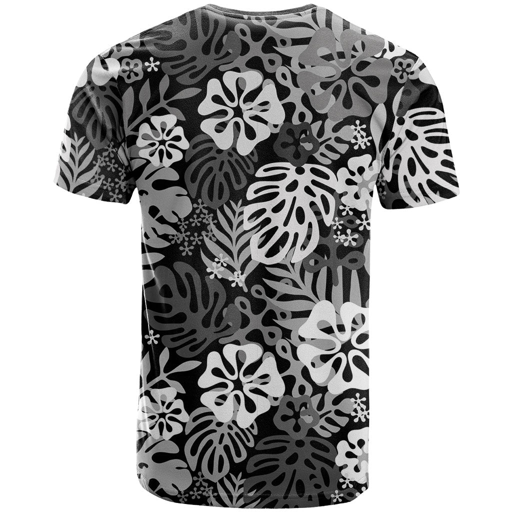 Black Aloha Hawaiian T Shirt Monstera Hibiscus Tropical Pattern