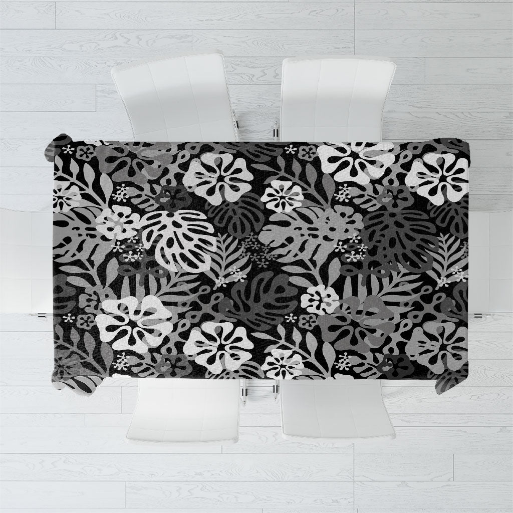 Black Aloha Hawaiian Tablecloth Monstera Hibiscus Tropical Pattern