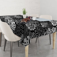 Black Aloha Hawaiian Tablecloth Monstera Hibiscus Tropical Pattern