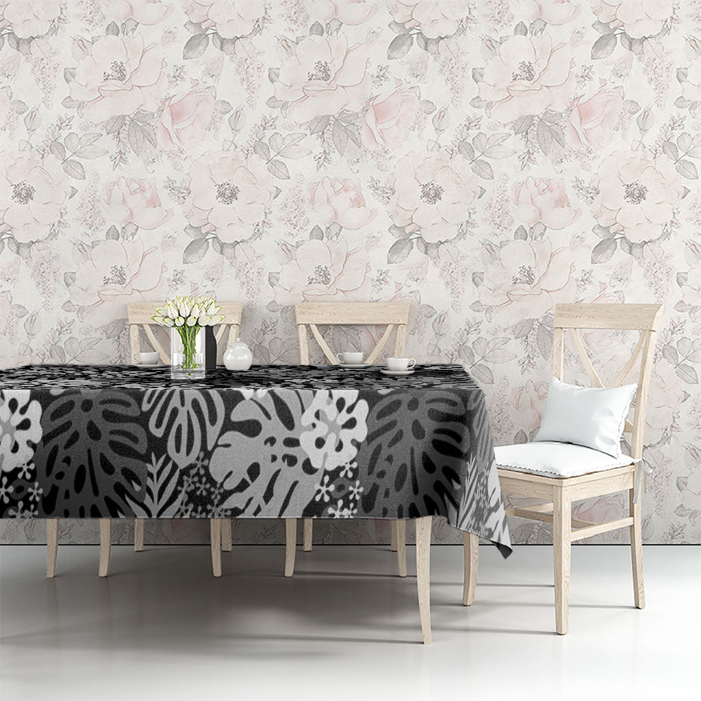 Black Aloha Hawaiian Tablecloth Monstera Hibiscus Tropical Pattern
