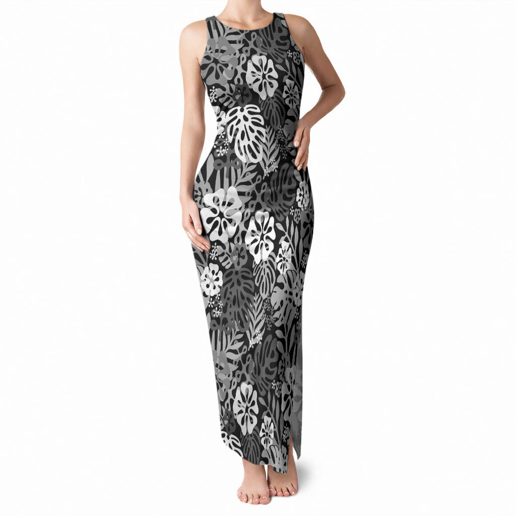 Black Aloha Hawaiian Tank Maxi Dress Monstera Hibiscus Tropical Pattern