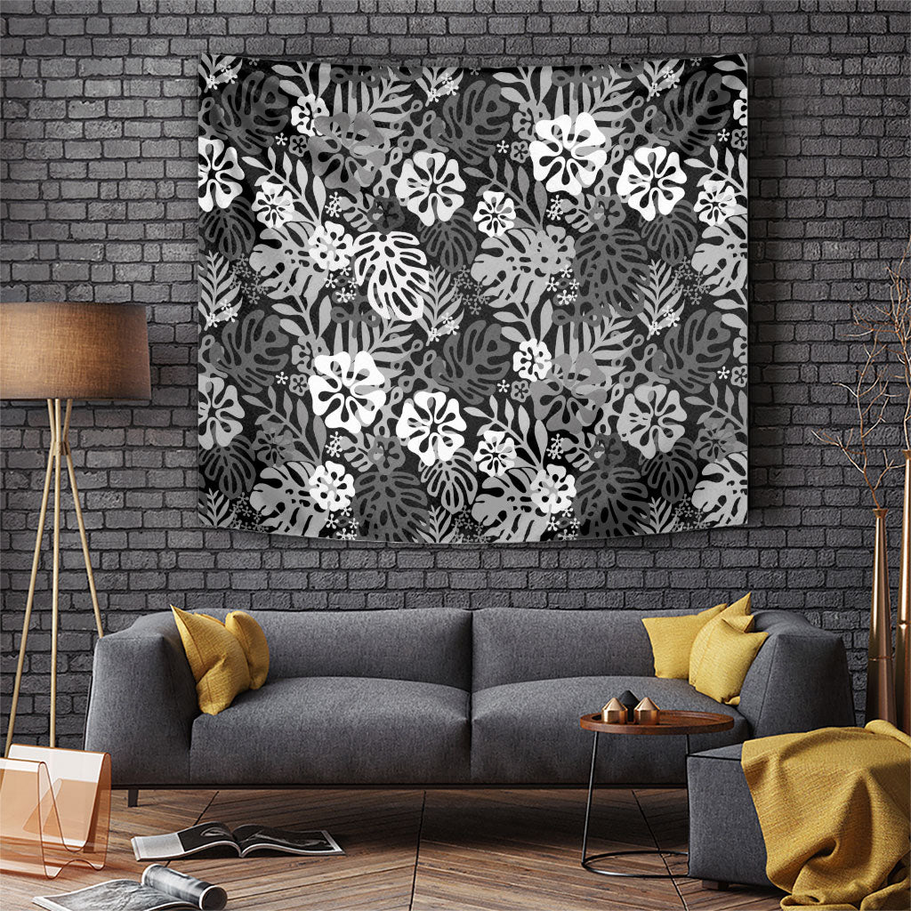 Black Aloha Hawaiian Tapestry Monstera Hibiscus Tropical Pattern
