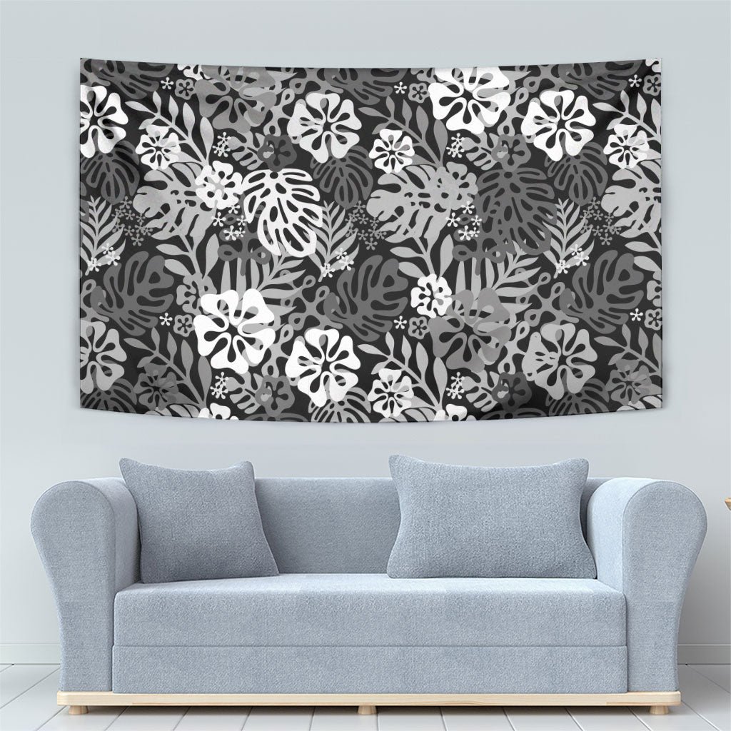Black Aloha Hawaiian Tapestry Monstera Hibiscus Tropical Pattern