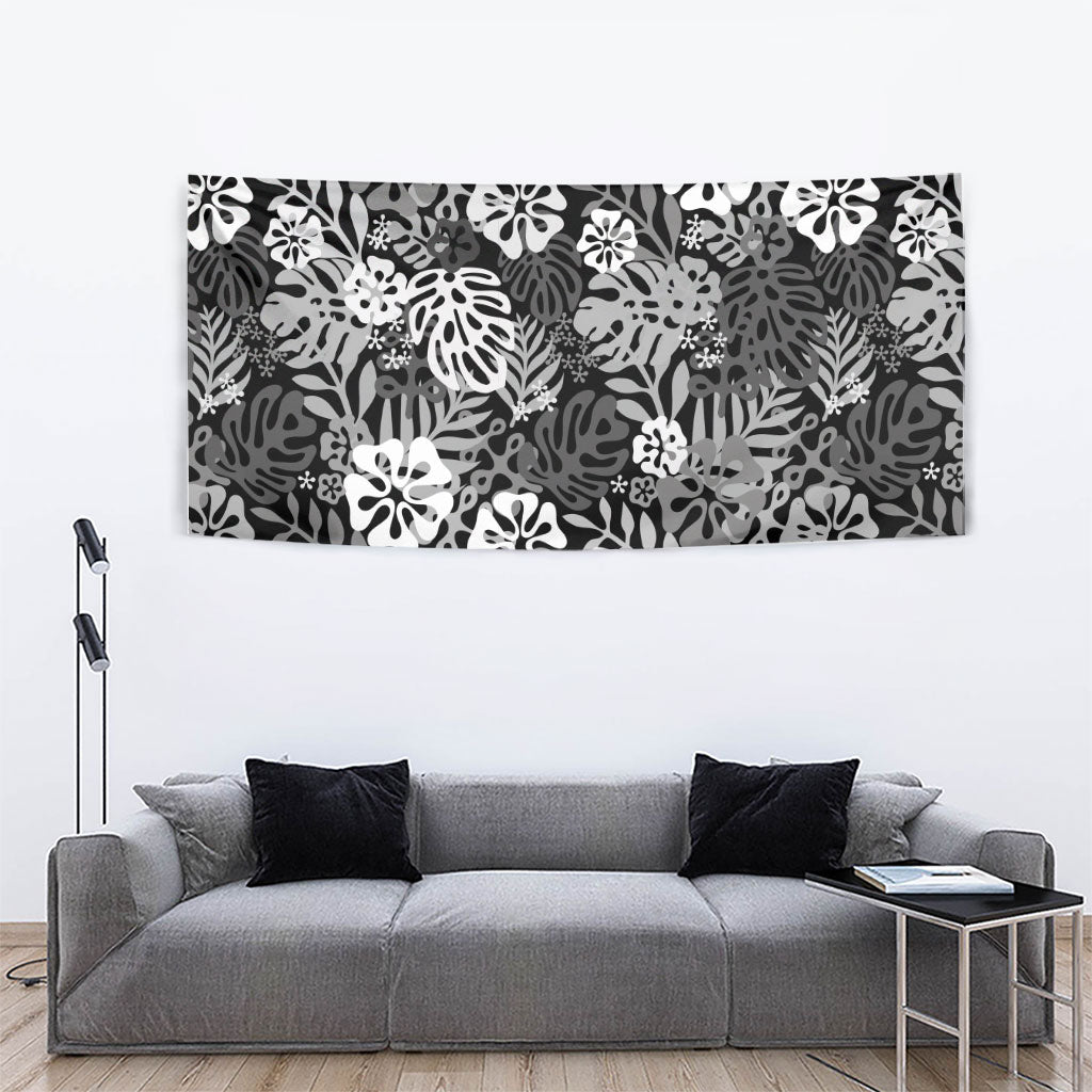 Black Aloha Hawaiian Tapestry Monstera Hibiscus Tropical Pattern
