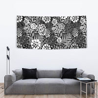 Black Aloha Hawaiian Tapestry Monstera Hibiscus Tropical Pattern