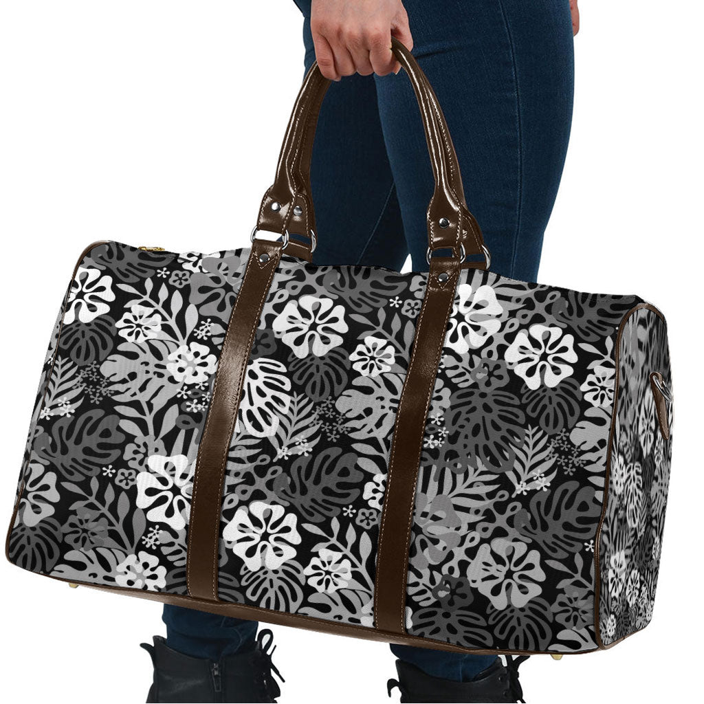 Black Aloha Hawaiian Travel Bag Monstera Hibiscus Tropical Pattern