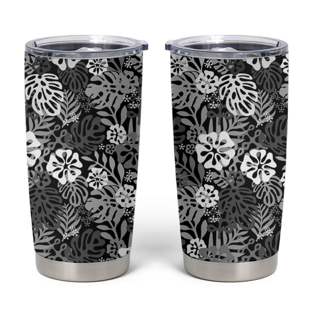 Black Aloha Hawaiian Tumbler Cup Monstera Hibiscus Tropical Pattern