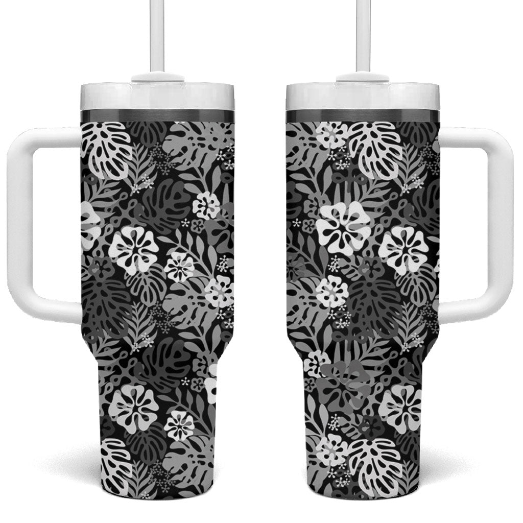 Black Aloha Hawaiian Tumbler With Handle Monstera Hibiscus Tropical Pattern