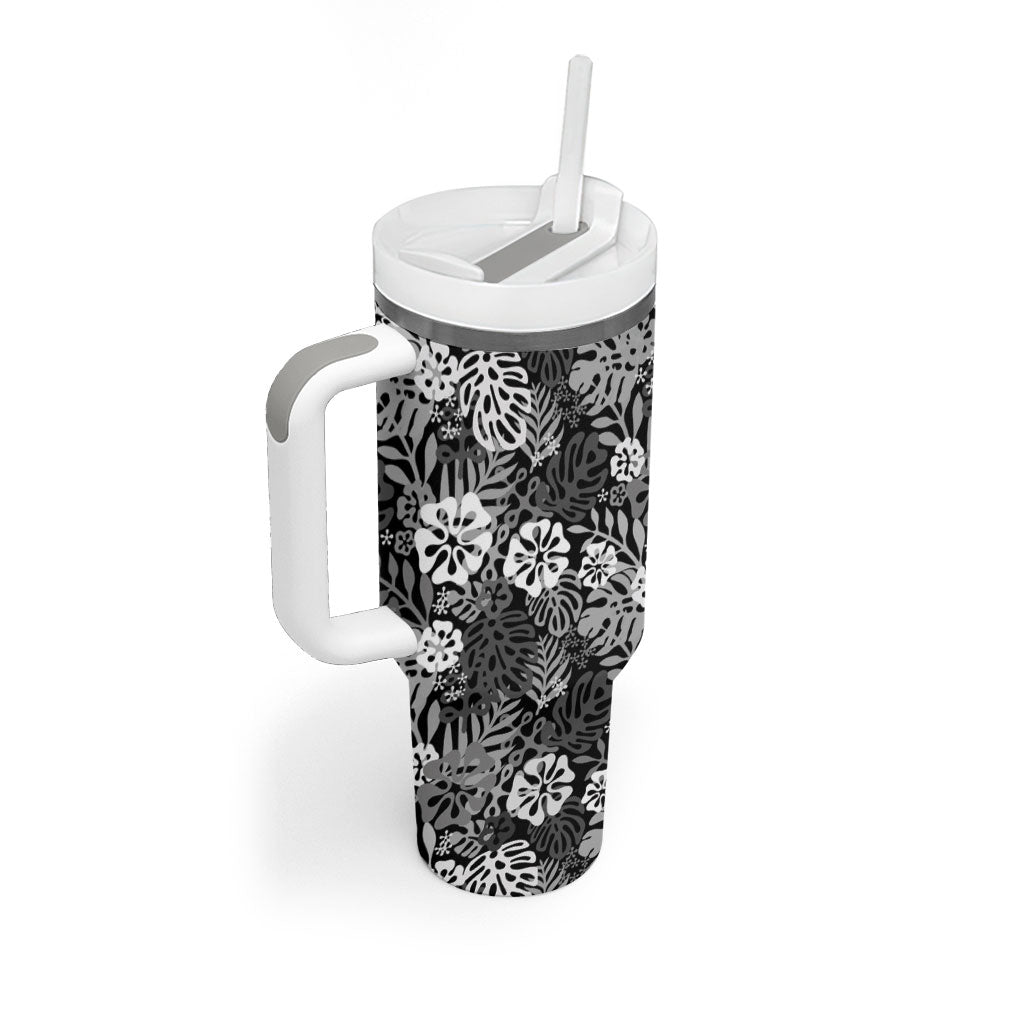 Black Aloha Hawaiian Tumbler With Handle Monstera Hibiscus Tropical Pattern