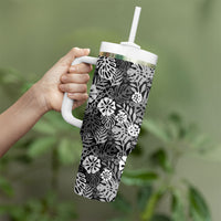 Black Aloha Hawaiian Tumbler With Handle Monstera Hibiscus Tropical Pattern