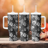 Black Aloha Hawaiian Tumbler With Handle Monstera Hibiscus Tropical Pattern