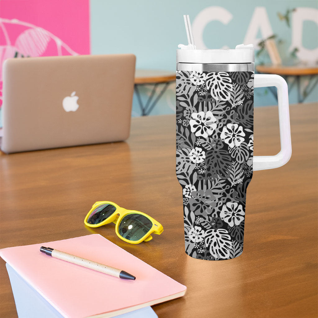 Black Aloha Hawaiian Tumbler With Handle Monstera Hibiscus Tropical Pattern