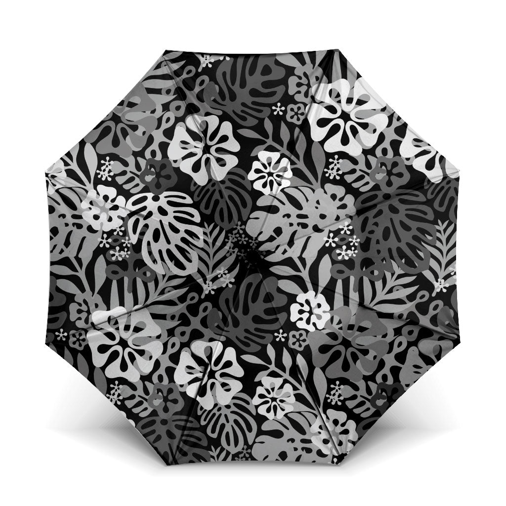 Black Aloha Hawaiian Umbrella Monstera Hibiscus Tropical Pattern
