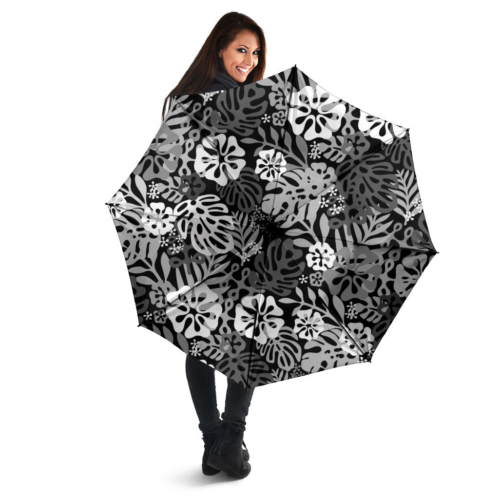 Black Aloha Hawaiian Umbrella Monstera Hibiscus Tropical Pattern