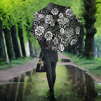 Black Aloha Hawaiian Umbrella Monstera Hibiscus Tropical Pattern