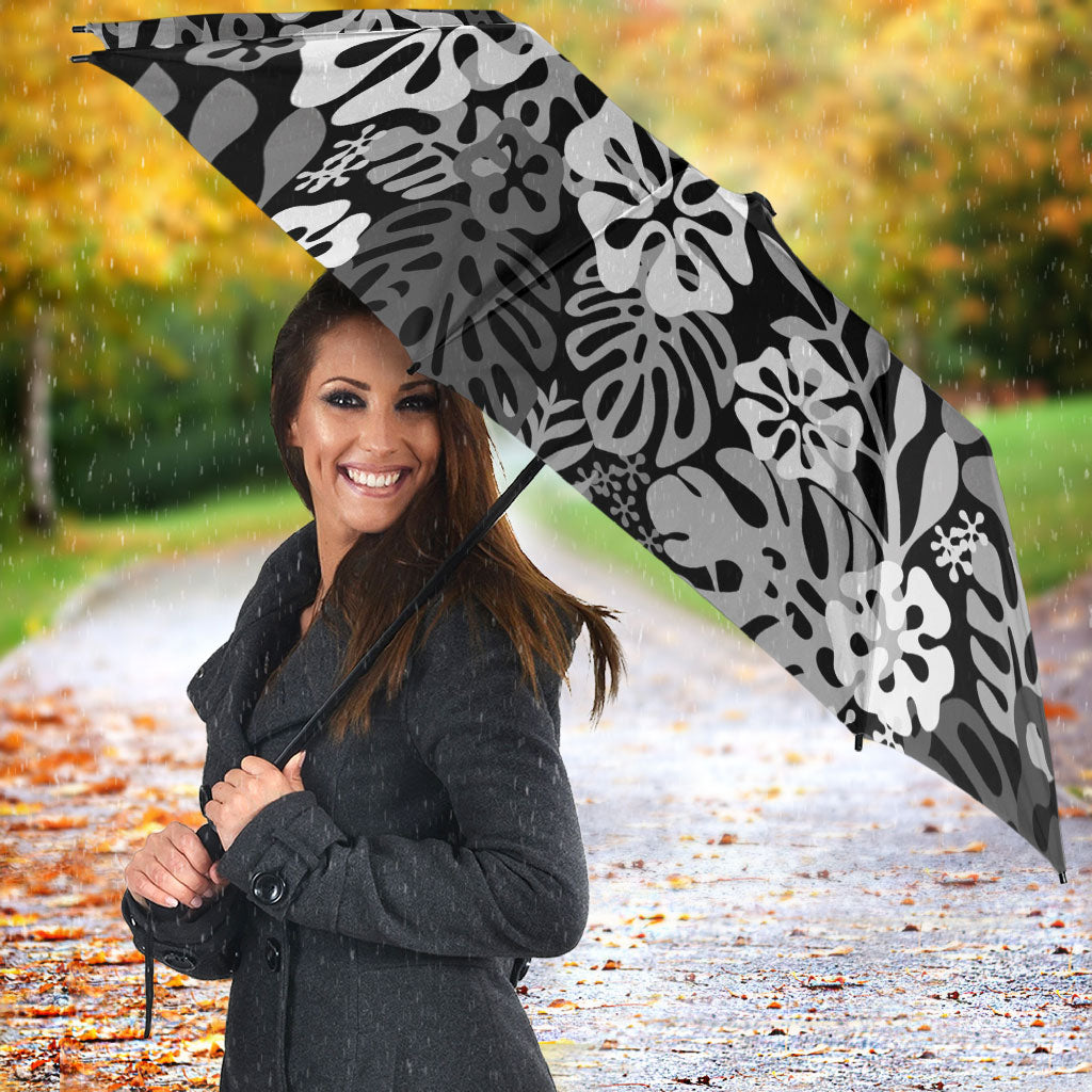 Black Aloha Hawaiian Umbrella Monstera Hibiscus Tropical Pattern