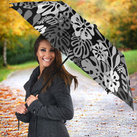 Black Aloha Hawaiian Umbrella Monstera Hibiscus Tropical Pattern