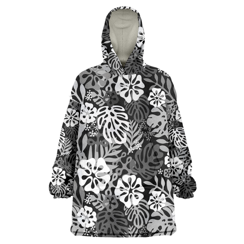 Black Aloha Hawaiian Wearable Blanket Hoodie Monstera Hibiscus Tropical Pattern