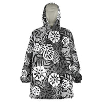 Black Aloha Hawaiian Wearable Blanket Hoodie Monstera Hibiscus Tropical Pattern