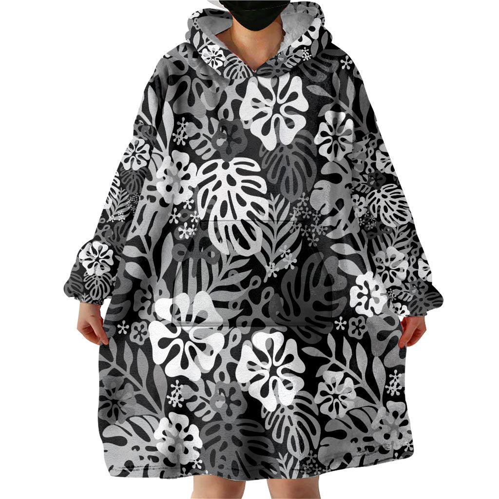 Black Aloha Hawaiian Wearable Blanket Hoodie Monstera Hibiscus Tropical Pattern
