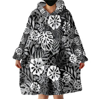 Black Aloha Hawaiian Wearable Blanket Hoodie Monstera Hibiscus Tropical Pattern